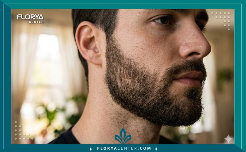 لقطة مقربة تظهر الكثافة الطبيعية والمظهر الجذاب لشعر الذقن بعد عملية الزرع الناجحة لتغطية الفراغات.