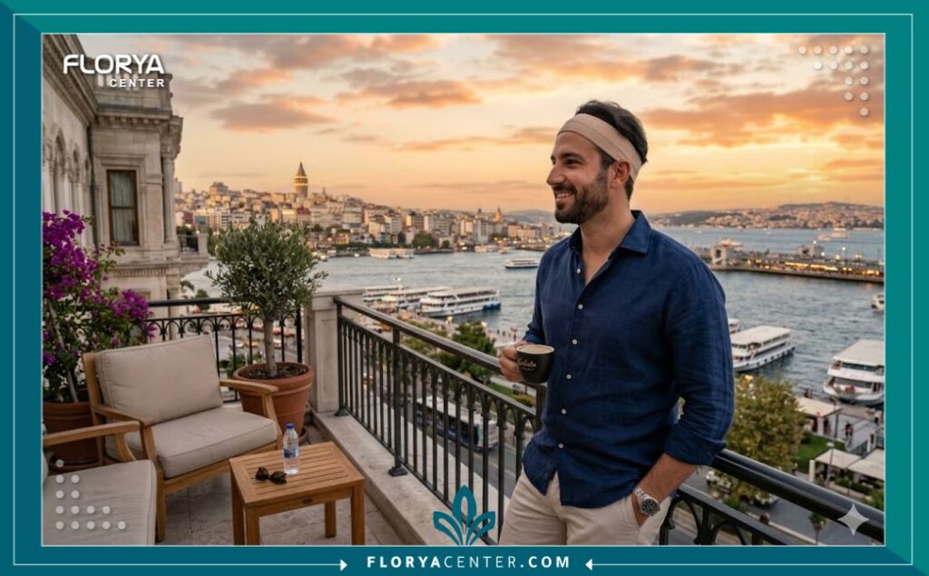 مريض يستمتع بفترة النقاهة في اسطنبول بتركيا بعد إجراء عملية ناجحة لتكثيف شعر الذقن، مع إطلالة على البوسفور.