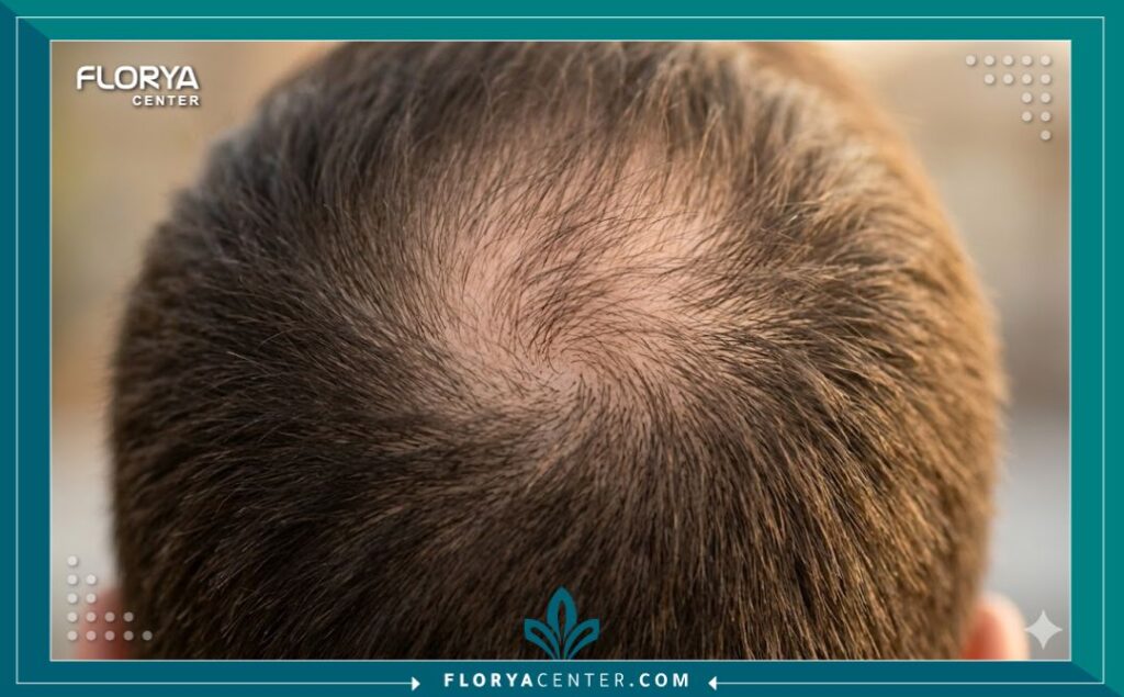 لقطة مكبرة لفراغات الشعر في منطقة التاج، تظهر المنطقة المستهدفة لعملية تكثيف شعر الرأس بين الشعر الحالي.