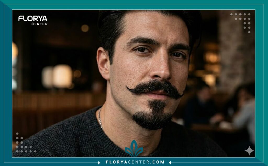 مظهر جذاب لشارب كثيف يعكس الثقة والرجولة بعد عملية زراعة ناجحة