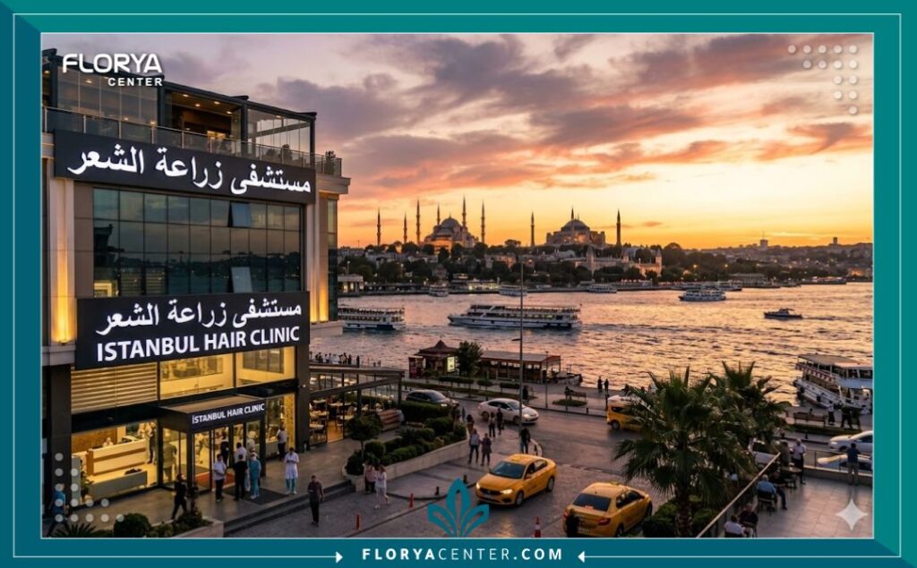 مستشفى حديث لزراعة الشعر في اسطنبول مع خلفية خلابة للمدينة، وجهة رائدة لتكثيف الشارب