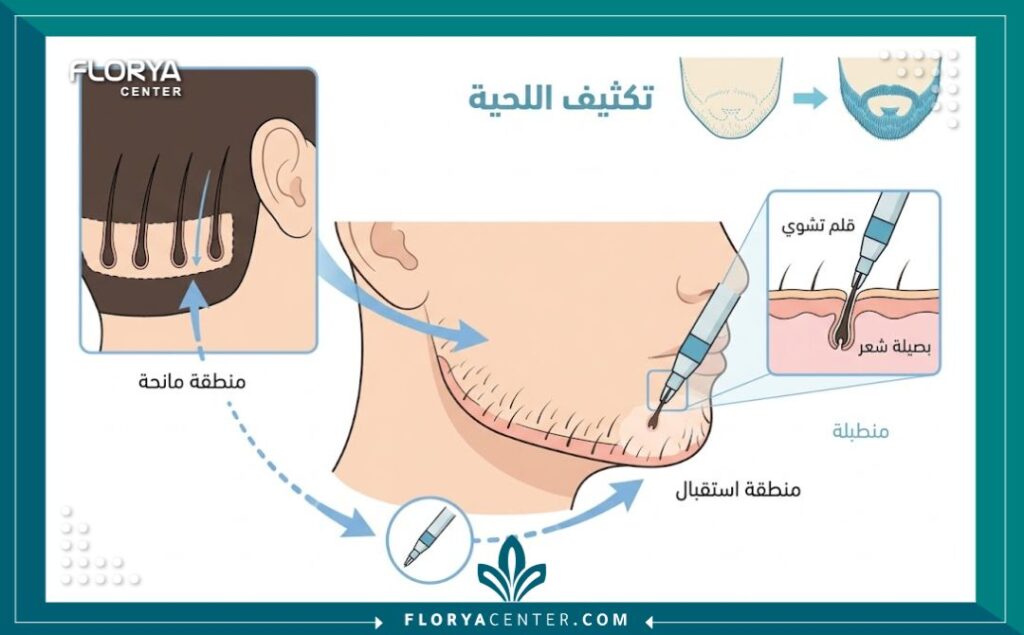 رسم تخطيطي طبي يوضح كيفية زراعة ونقل البصيلات لتكثيف شعر اللحية وملء الفراغات.