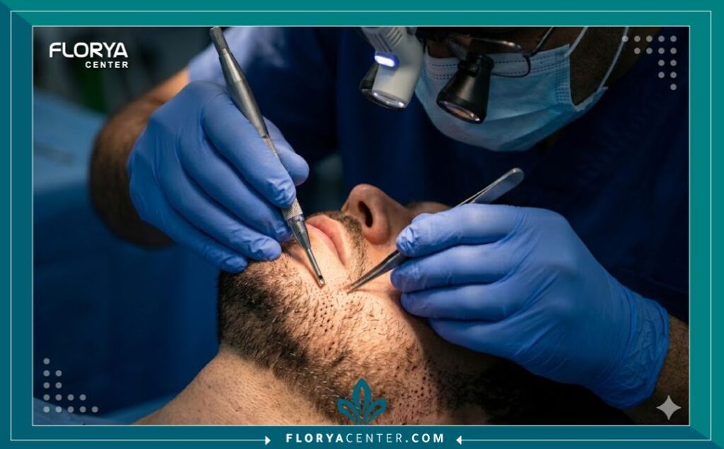 طبيب متخصص يقوم بإجراء عملية زراعة دقيقة لتكثيف شعر اللحية في عيادة معقمة.