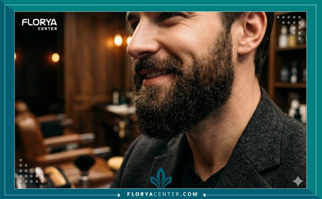 لقطة قريبة جانبية تظهر كثافة شعر اللحية الطبيعية وتحديد الذقن الجذاب بعد العملية.