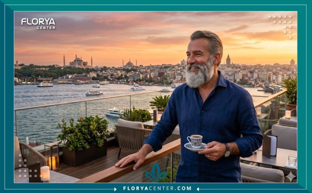 رجل يستمتع بوقته في إسطنبول بتركيا بعد خضوعه لعملية ناجحة لتكثيف شعر اللحية (سياحة علاجية).