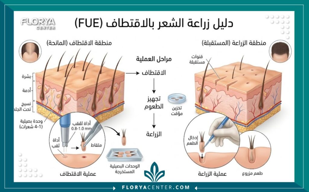 رسم توضيحي طبي يوضح عملية اقتطاف وزراعة بصيلات الشعر FUE مع تسميات باللغة العربية، يبرز التقنية الحديثة لزراعة الشعر.