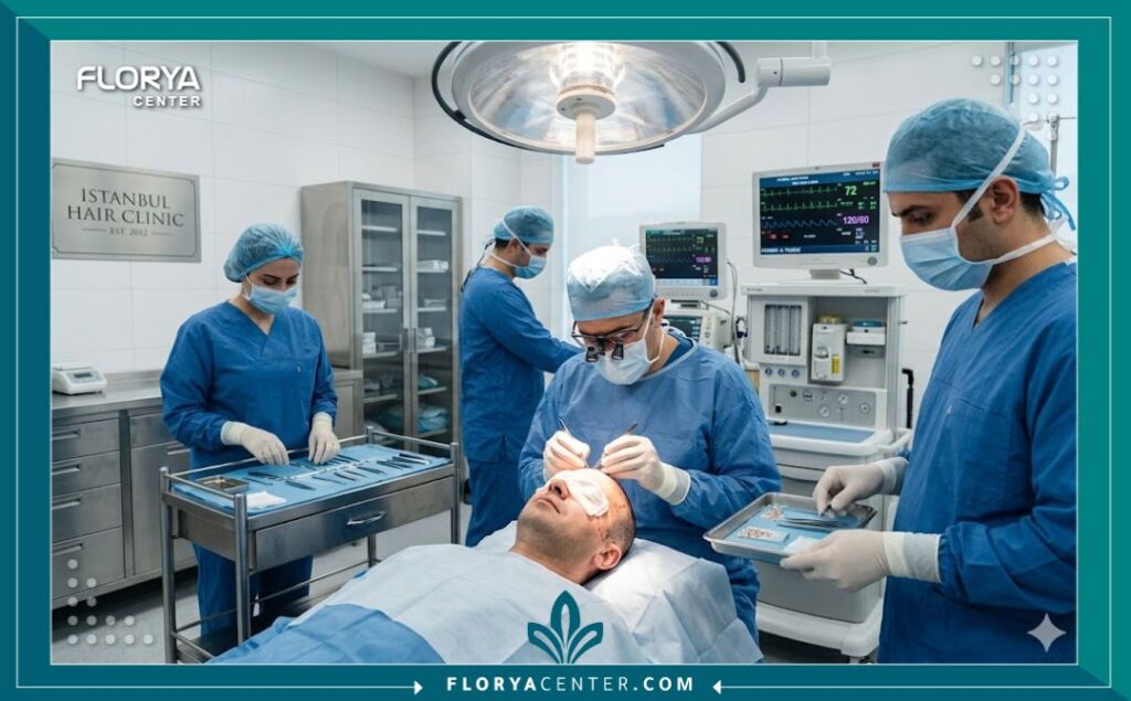 لقطة داخلية لغرفة عمليات متطورة ومعقمة في مستشفى فاخر باسطنبول، تظهر فريقاً طبياً متخصصاً يجري عملية زراعة شعر.