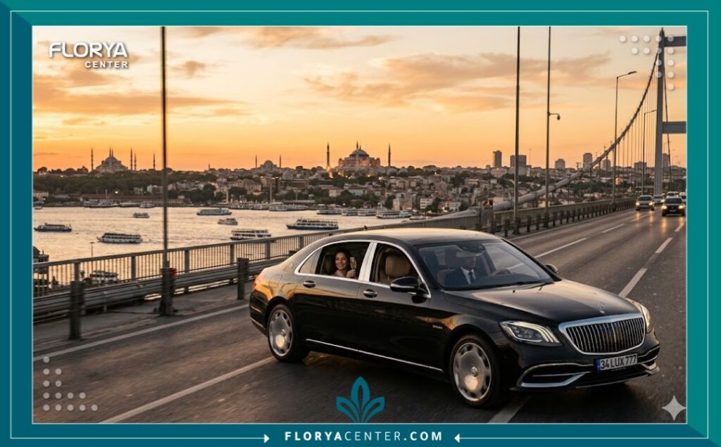 سيارة مرسيدس فارهة خاصة بنقل الـ VIP تقطع جسر البوسفور في اسطنبول وقت الغروب، ترمز إلى الرفاهية في رحلة زراعة الشعر.