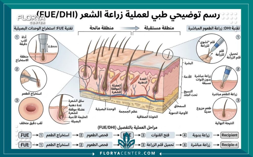 مخطط توضيحي طبي يوضح عملية اقتطاف وبناء البصيلات في زراعة الشعر مع توضيح المنطقة المانحة والمستقبلة بالعربية.