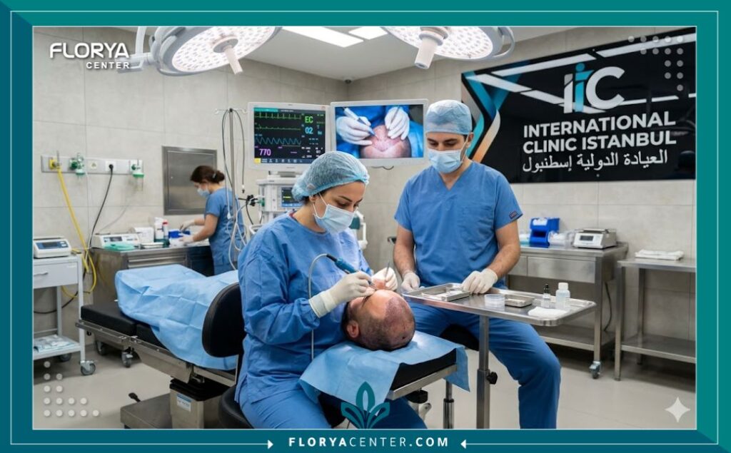 داخل غرفة عمليات معقمة واحترافية في اسطنبول لفريق طبي يقوم بعملية زراعة شعر باستخدام أحدث التقنيات.