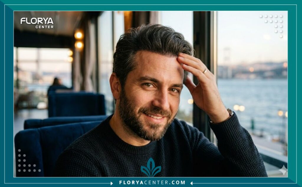 رجل وسيم يلمس خط شعره الكثيف والطبيعي بعد عملية زراعة شعر ناجحة، يبرز الثقة والنتيجة الجمالية.