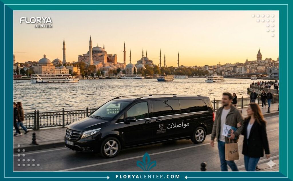 منظر طبيعي خلاب لإسطنبول وقت الغروب يجمع بين المعالم التاريخية وفخامة المواصلات الخاصة والأدوية ضمن باقة علاجية شاملة.