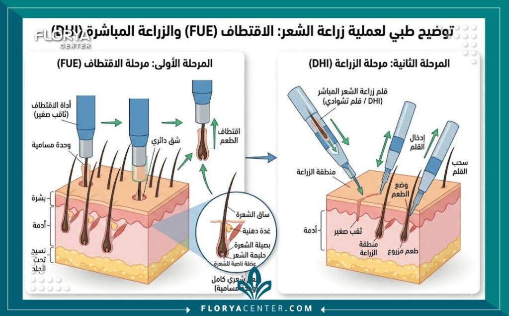 رسم تخطيطي طبي يوضح مراحل استخراج وزراعة بصيلات الشعر بتقنيتي FUE و DHI مع شرح باللغة العربية.
