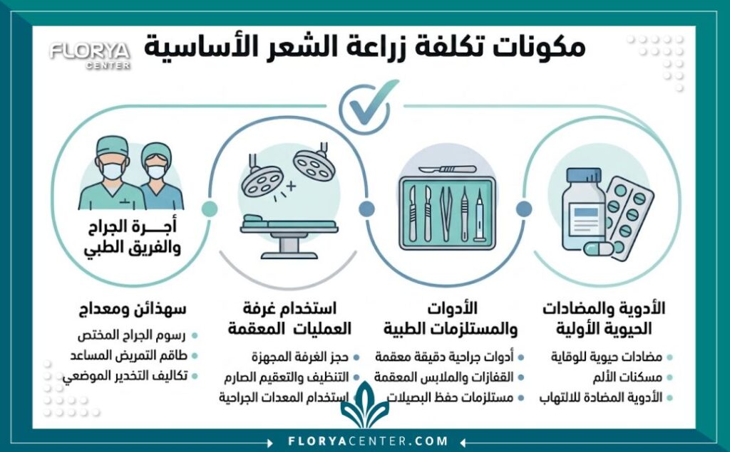 إنفوجرافيك يوضح بالتفصيل الخدمات الأساسية التي تشملها تكلفة زراعة الشعر من دون خدمات فقط في تركيا دون إضافات.