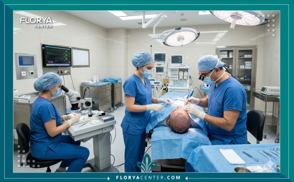 غرفة عمليات معقمة وحديثة لزراعة الشعر في إسطنبول، تظهر الطاقم الطبي أثناء العمل باحترافية.