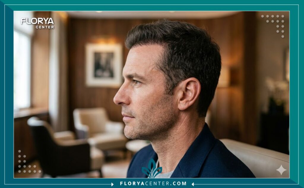 صورة جانبية لرجل تبرز نتائج زراعة الشعر الطبيعية على خط الشعر، مع تركيز جمالي على الكثافة.