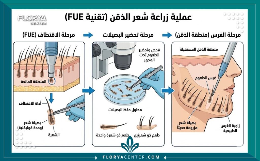 رسم تخطيطي طبي يوضح خطوات عملية زراعة شعر الذقن بتقنية FUE من استخراج البصيلات إلى غرسها في الوجه.