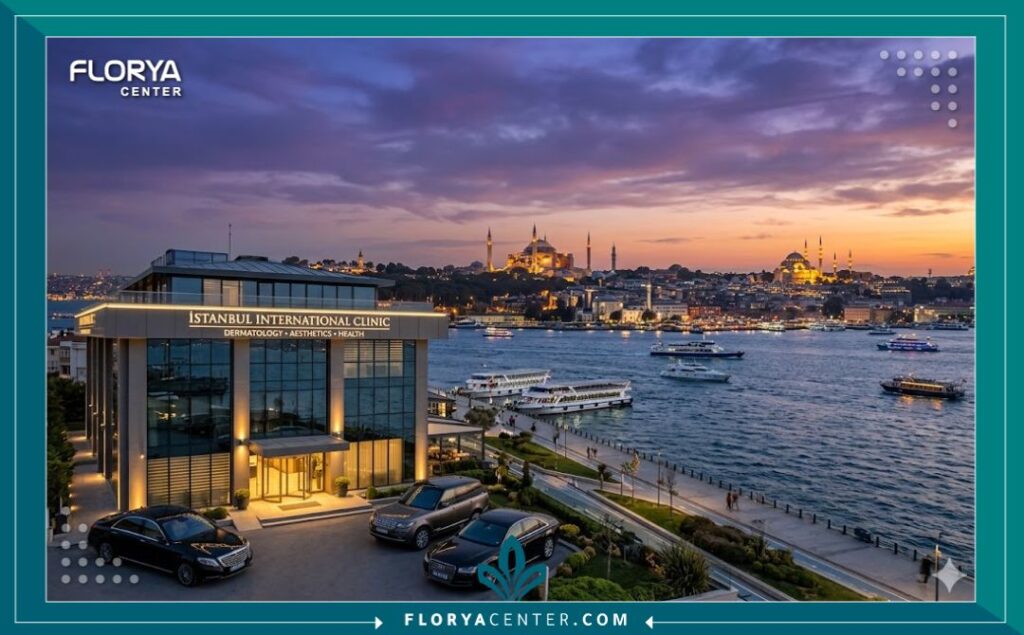 مشهد بانورامي لمدينة إسطنبول مع عيادة فاخرة متخصصة في زراعة الشعر، السياحة العلاجية في تركيا.