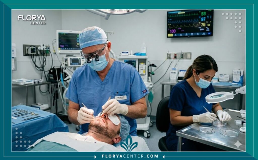 طبيب مختص يقوم بعملية زراعة شعر الذقن بدقة داخل غرفة عمليات معقمة واحترافية في إسطنبول