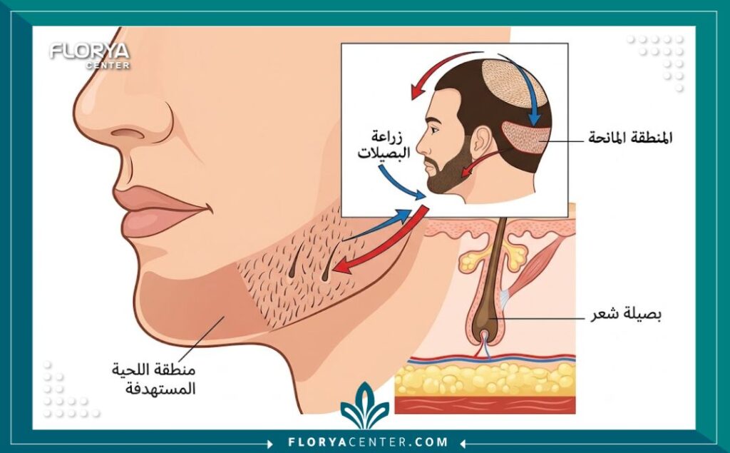 مخطط طبي يوضح مراحل عملية زراعة شعر اللحية من المنطقة المانحة إلى الوجه، لفهم كيفية احتساب تكلفة زراعة شعر اللحية.