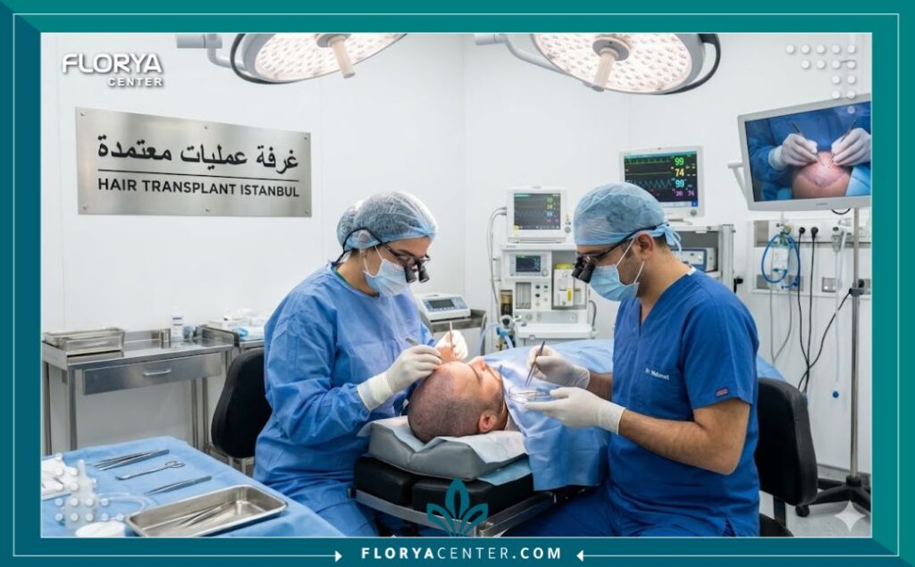 لقطة احترافية من داخل غرفة عمليات زراعة شعر اللحية في مركز تركي متطور، تعكس الجودة التي تؤثر على تكلفة زراعة شعر اللحية.