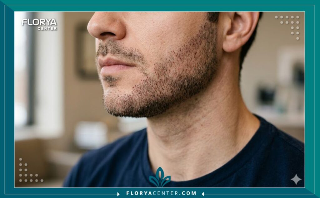 لقطة مقربة تبرز كثافة وتوزيع البصيلات المزروعة حديثاً في منطقة الذقن، مما يبرز الدقة التي تدفع مقابلها ضمن تكلفة زراعة شعر اللحية.