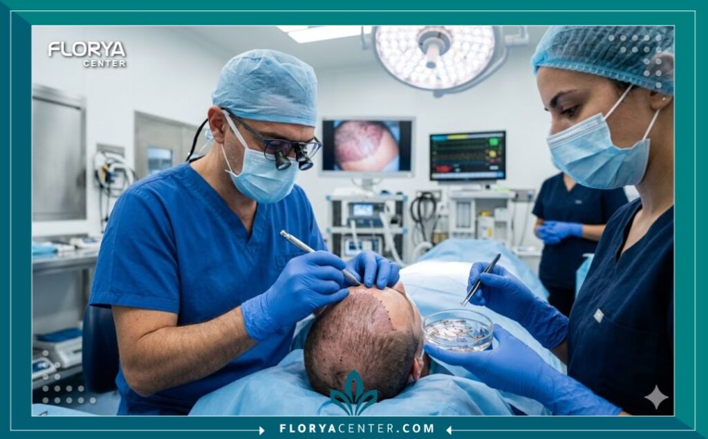 تكلفة عملية زراعة الشعر 4 طاقم طبي متخصص يجري عملية زراعة شعر بدقة عالية داخل غرفة عمليات معقمة ومجهزة بأحدث التقنيات.