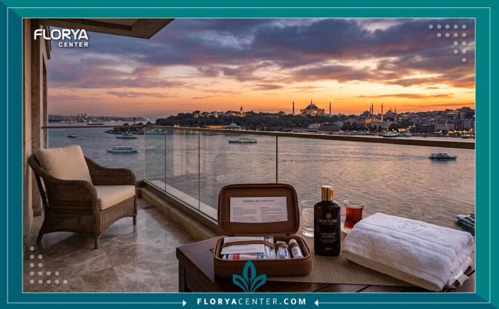 تكلفة عملية زراعة الشعر 6 منظر بانورامي لمدينة اسطنبول وقت الغروب من شرفة مركز طبي فاخر لزراعة الشعر، يجمع بين العلاج والسياحة.