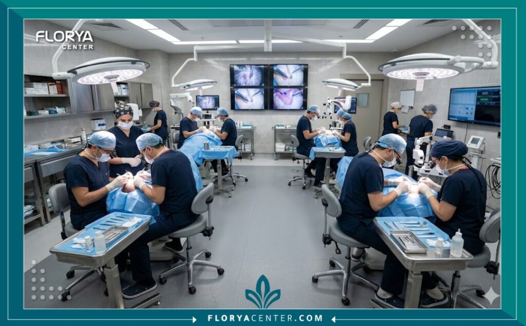بيئة معقمة واحترافية داخل غرف عمليات زراعة الشعر الحديثة في اسطنبول، تظهر التجهيزات المتطورة والطواقم الطبية المتخصصة.