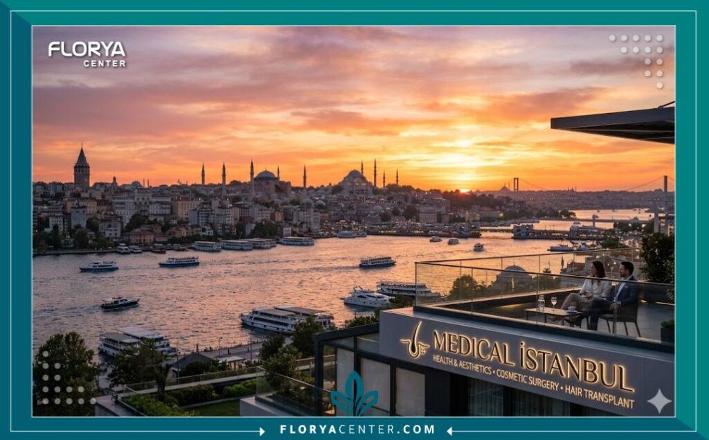مشهد بانورامي لغروب الشمس في اسطنبول بتركيا، الوجهة الرائدة عالميًا للسياحة العلاجية وزراعة الشعر بأحدث التقنيات.