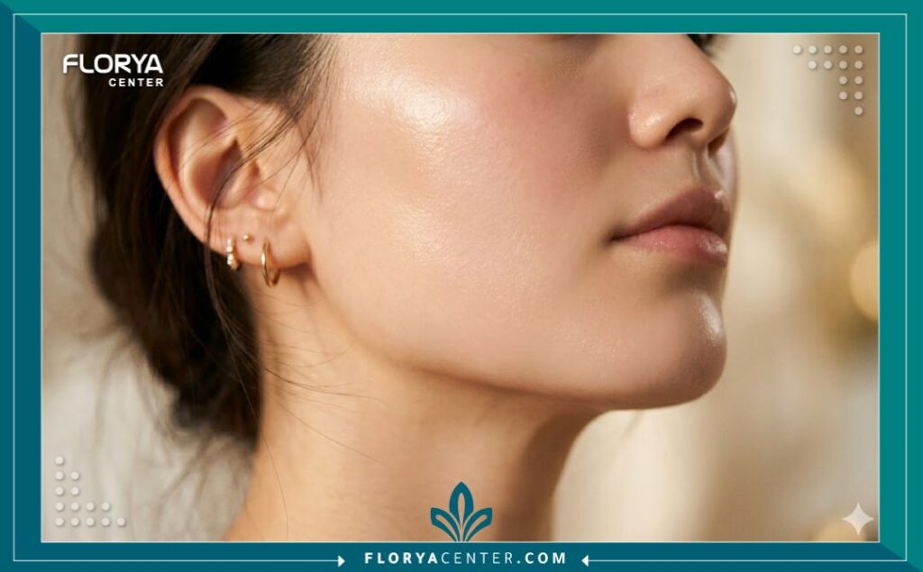 لقطة قريبة (ماكرو) تظهر نسيج البشرة الصحي والترطيب العميق والمظهر "الزجاجي" للجلد بعد جلسة حقن الإكسوزومات التجديدية.