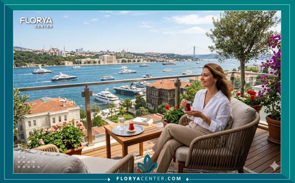 مريضة تسترخي على شرفة تطل على مضيق البوسفور في إسطنبول بعد فترة نقاهة قصيرة وعلاج ناجح بحقن الإكسوزومات، تجسد تجربة السياحة العلاجية في تركيا.