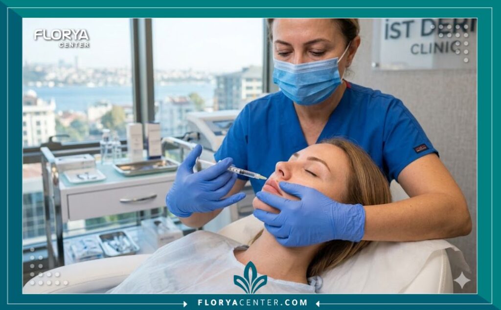 طبيب متخصص يقوم بإجراء عملية حقن دقيقة لعلاج اللثة البارزة في عيادة تجميل في تركيا.