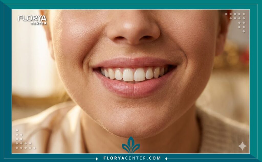 لقطة قريبة تبرز جمال الشفاه والابتسامة المتناسقة بعد نجاح مفعول حقن تصحيح الابتسامة اللثوية.