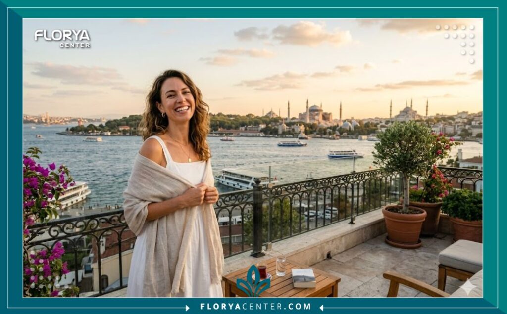 مريضة سعيدة بابتسامتها الجديدة تستمتع بمنظر البوسفور في اسطنبول بعد إجراء حقن الابتسامة اللثوية في تركيا.