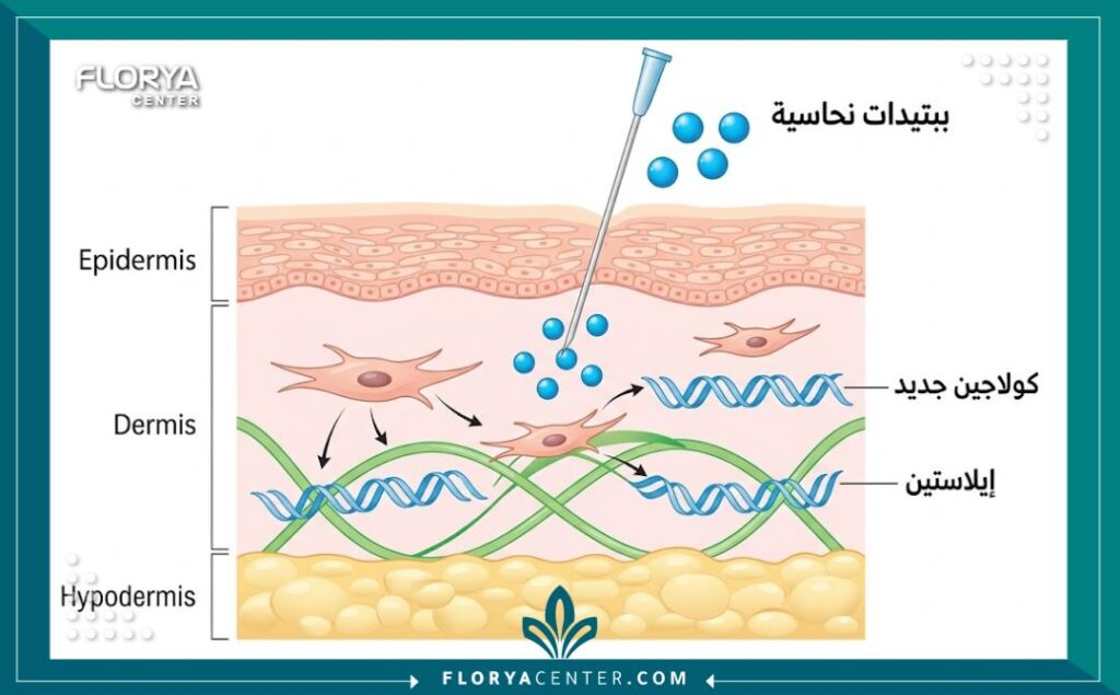 رسم تخطيطي طبي يوضح كيفية عمل الببتيدات النحاسية في تحفيز الخلايا لإنتاج الكولاجين والإيلاستين داخل طبقة الأدمة.