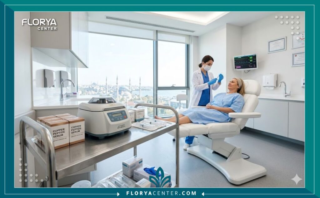 غرفة علاج معقمة وحديثة داخل مركز تجميل طبي في تركيا مجهز لأحدث تقنيات حقن الببتيدات.