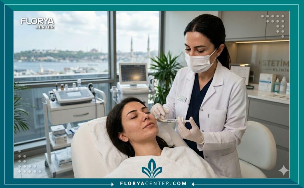 لقطة احترافية من داخل عيادة تجميل معقمة في اسطنبول، تظهر طبيبة جلدية تستعد لحقن إبرة البروفايلو لمريضة، مع التركيز على معايير النظافة والاحترافية الطبية في تركيا.
