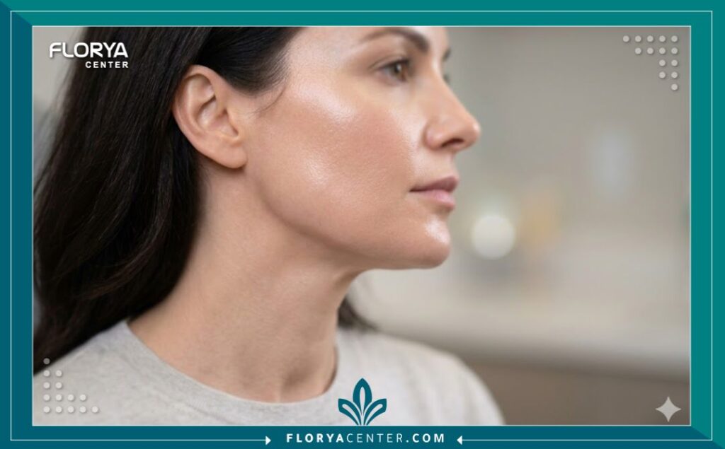 صورة مقربة تركز على خط الفك والوجنة والرقبة لامرأة بعد حقن البروفايلو في تركيا، تبرز البشرة المشدودة والرطبة والنضارة الفائقة دون أي تغيير في ملامح الوجه الطبيعية.