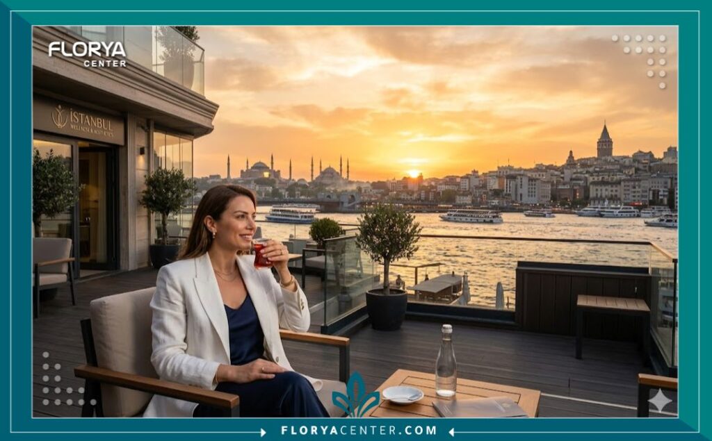 مشهد بانورامي لمدينة اسطنبول يجمع بين جمال البوسفور والمعالم التاريخية مع شرفة عيادة تجميل فاخرة، مما يرمز إلى تجربة السياحة العلاجية المتميزة لحقن البروفايلو في تركيا.