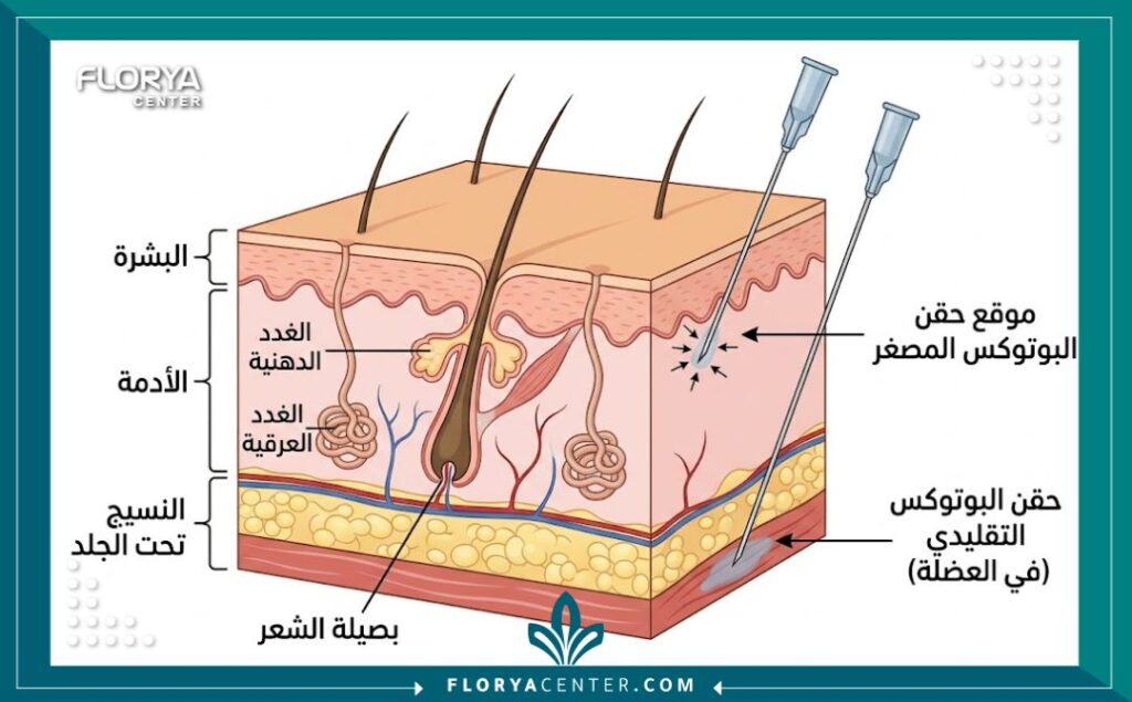 مخطط طبي يوضح طبقات الجلد ومكان استهداف حقن البوتوكس المصغر للغدد الدهنية والمسام في طبقة الأدمة.