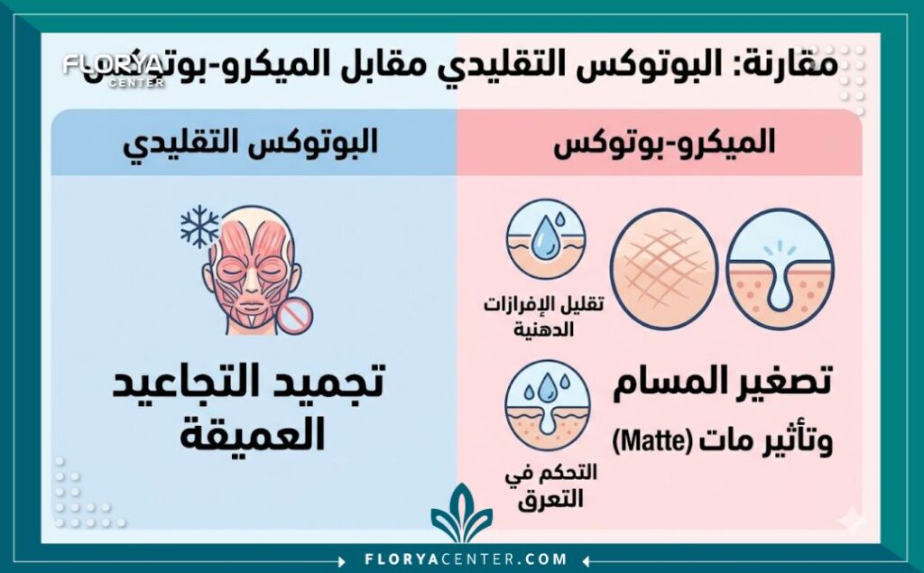 إنفوجرافيك يوضح الفرق بين البوتوكس التقليدي والبوتوكس المصغر من حيث تقليل الإفرازات الدهنية وتضييق المسام دون تجميد الملامح.