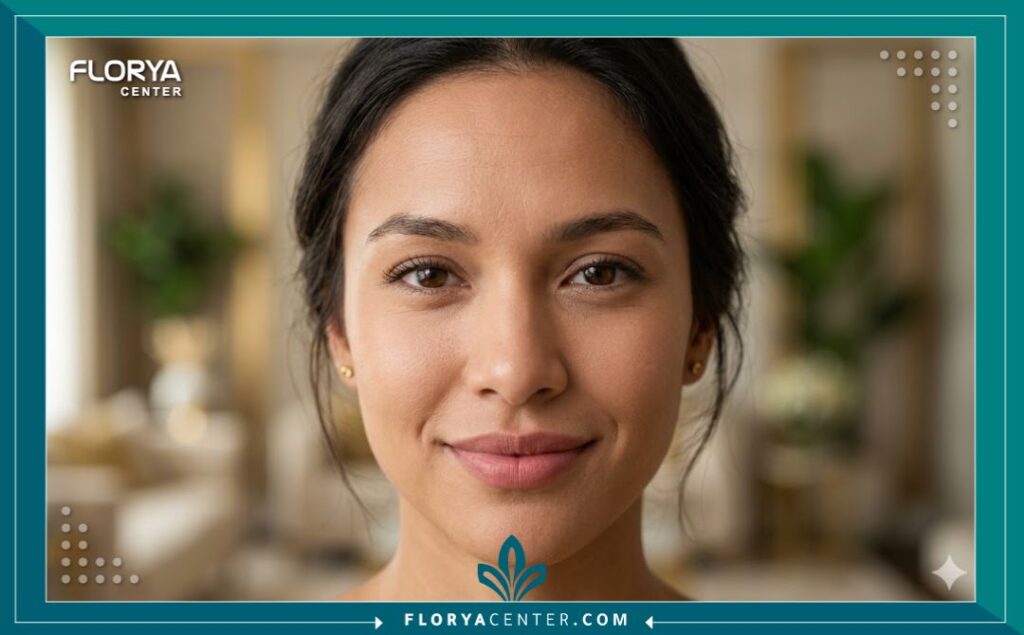 لقطة قريبة تظهر النتيجة التجميلية للبوتوكس المصغر: بشرة خالية من اللمعان الدهني ومسام ضيقة مع الحفاظ على تعابير الوجه الطبيعية.