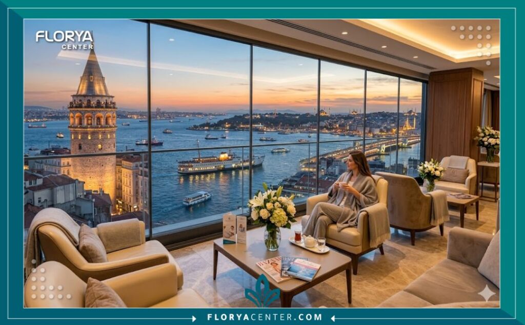 إطلالة بانورامية ساحرة على مضيق البوسفور وبرج غالاتا من داخل عيادة تجميل فاخرة في اسطنبول تُقدم خدمات السياحة العلاجية لحقن البوتوكس المصغر.