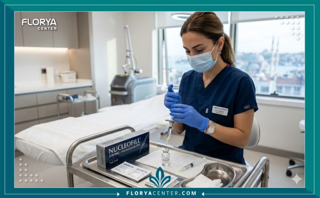 طبيبة جلدية تجهز إبر البولينوكليوتيدات داخل عيادة تجميل معقمة في إسطنبول.