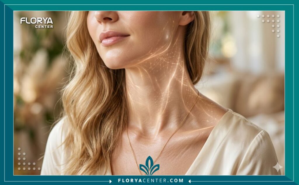 لقطة قريبة تظهر مرونة ونعومة بشرة الوجه والرقبة بعد علاج إبر الحمض النووي (البولينوكليوتيدات).