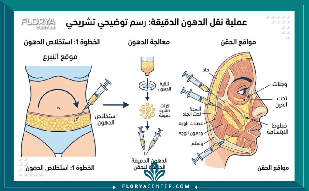 مخطط توضيحي لعملية حقن الدهون المجهرية للوجه: من استخلاص الدهون إلى التوزيع الدقيق في مناطق الوجنات وتحت العين