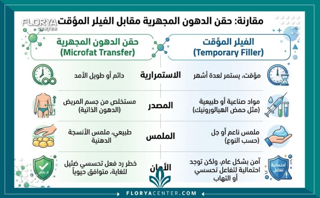 مقارنة بين حقن الدهون المجهرية في تركيا والفيلر المؤقت من حيث الاستمرارية، المصدر، والملمس الطبيعي