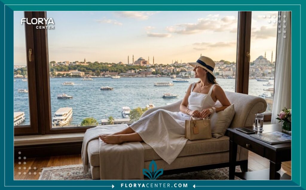 الجمع بين السياحة العلاجية والجمال: مريضة تسترخي وتستمتع بإطلالة البوسفور بعد نجاح عملية حقن الدهون المجهرية في اسطنبول