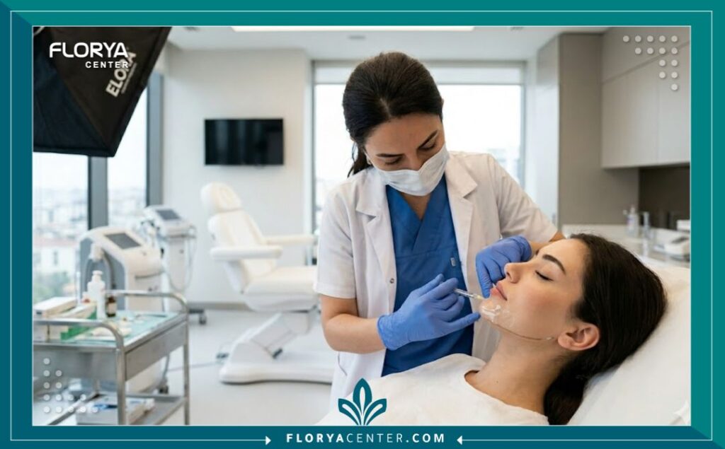 طبيبة جلدية تجري عملية تحديد الفك بحقن الراديس مريض في عيادة تجميل عصرية ومعقمة في تركيا.